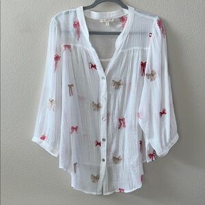 Fig and Flower White Blouse with Red Pink and Tan Bow Accents